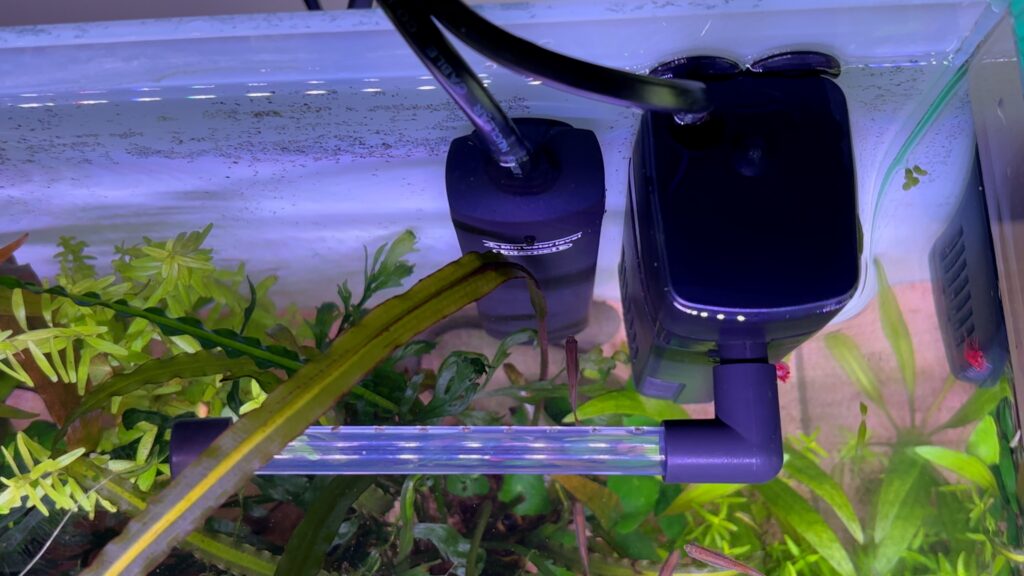 overhead shot of an aquarium heater and aquarium filter